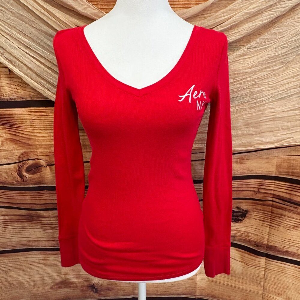 Aeropostale Y2K Retro Womens Red Ribbed Long Sleeve V-Neck Logo Top Size M